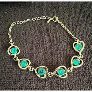 Silver Tone Heart Dangle Charm Cable Chain Bracelet w 5 Teal Round Crystals